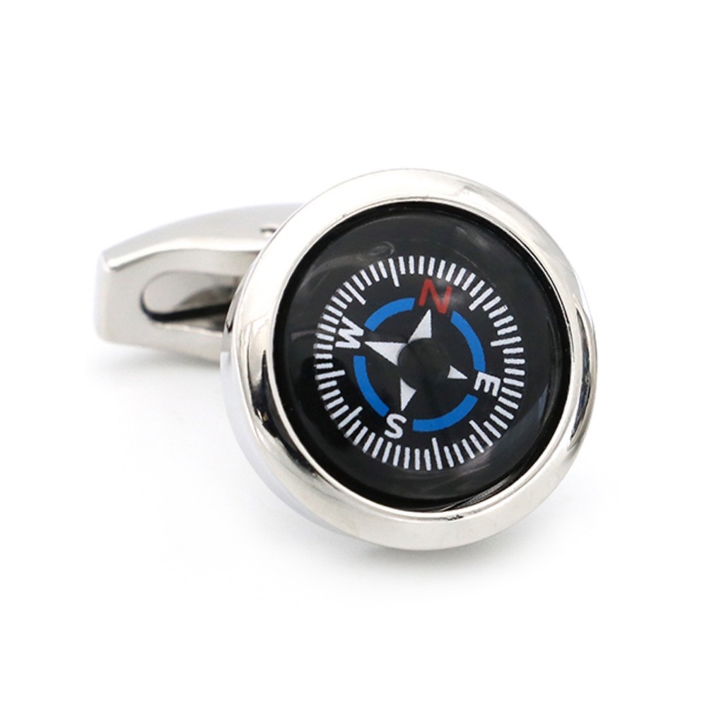Unique Round Black and Blue Navigation Compass Silver Cufflinks - Picture 3 of 17